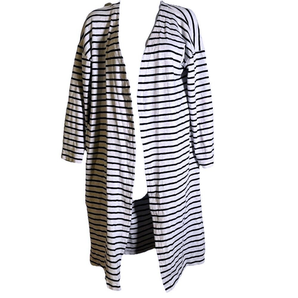 J. Jill Cardigan Women M Petite White Navy Striped Duster Open Front Cotton Knit